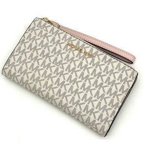 Michael Kors Double Zip Wallet Wristlet Leather Vanilla/ Light Pink